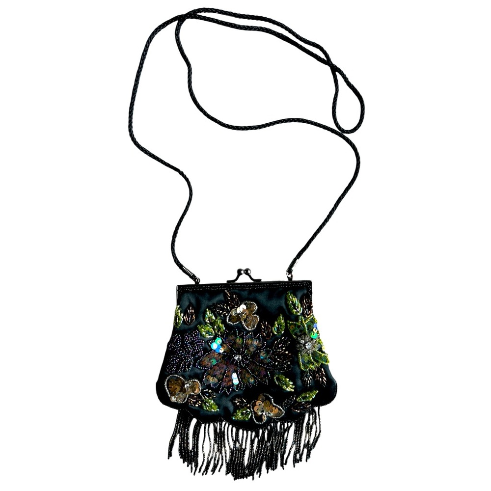 Floral Embellished w beads & sequins fringe Black Crossbody Bag